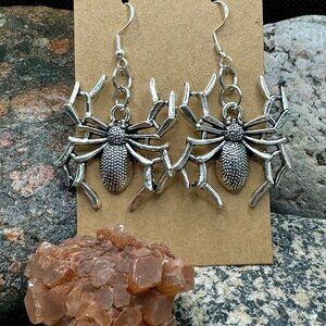 Spooky, Creepy Halloween Themed Spider Earrings Silver toned with Fishhook Wires